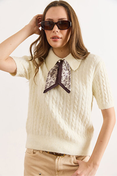 Olalook Women's Ecru Peter Pan collar Scarf Detailed Hair Knitwear Sweater Kzk-19001089