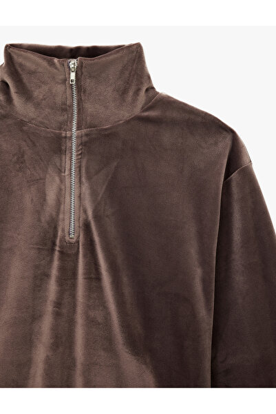 Koton Half Zipper Long Sleeve Comfortable Fit Mock Neck Velvet Pajama Top