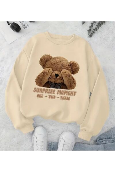 herkesemoda Suprise Moment Print Pattern Detailed Crew Neck Sweatshirt