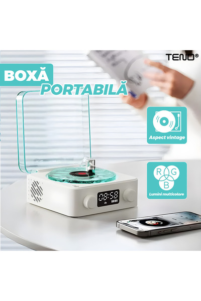 Teno Vintage Gramophone Teno®, vinyl record player with Bluetooth speaker, for bedroom/office/parties, wh
