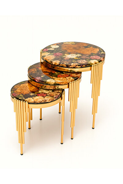 Nadisse 3'lü Gerçek Çiçekli Epoksi Zigon Sehpa Set - Gold Metal Ayak - Özel Tasarım