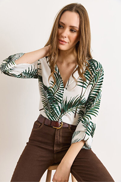 Olalook Women's Green Patterned Sleeve Folded Viscose Shirt Gml-19001403