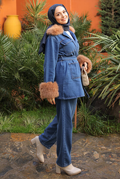 İmajButik Dark Blue Sleeve Collar Fur Denim Jacket Pants Set