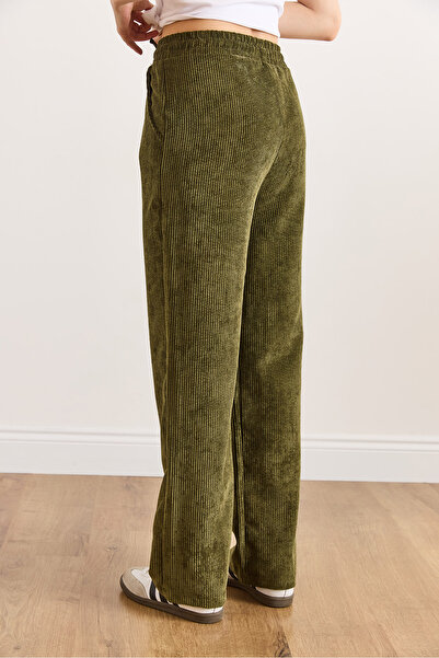 Olalook Women's Khaki Velvet Pocketed Elastic Waist Thick Corded Fabric Wide Leg Pants Pnt-19000387