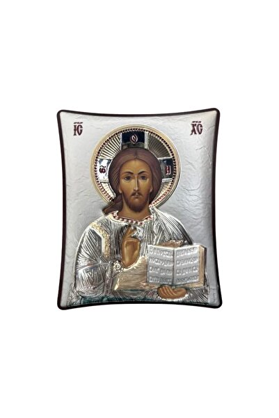 SLEVORI Icoană de argint a lui Iisus Hristos 8×9,9 cm, fundal auriu cu ramă maro