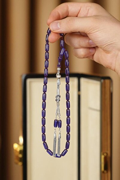 dergah tesbih Harmony Series Silver Design Navy Blue Fire-I Crimped Amber Prayer Beads