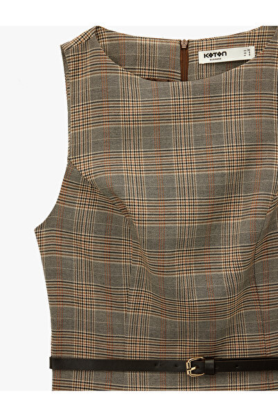 Koton Sleeveless Crew Neck Belted A-Line Mini Plaid Dress