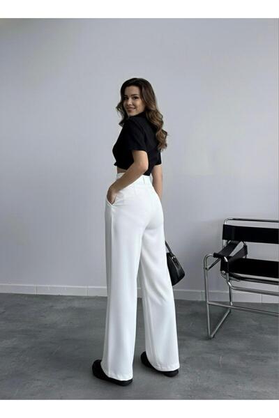HA-KA GİYİM Women's Imported Doubleface Palazzo Pants with Belt Detail, Pleated, High-Quality Product, Does Not Fade