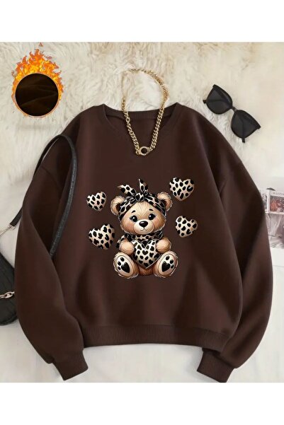 herkesemoda Cute Teddy Bear Print Detailed Crew Neck Sweatshirt