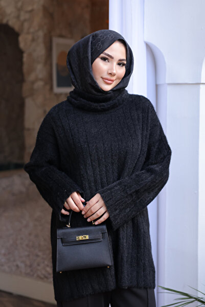 İmajButik Black Turtleneck Casual Angora Soft Knit Sweater