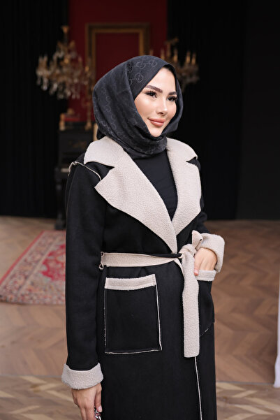 İmajButik Black Double-Breasted Collar Fur Lined Suede Coat