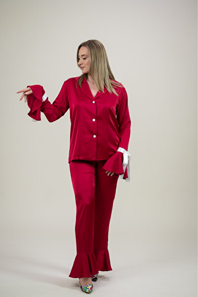 twc_The White Coats Elegant Premium Red Satin Pajamas with Ruffles and Bows – 2 Piece Set, Decorated Cuffs