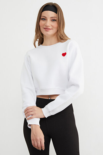 Fulla Moda 3 Thread Heart Embroidered Crop Sweatshirt