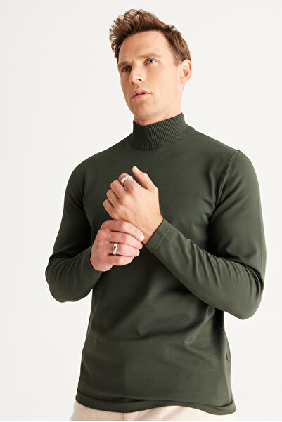 ALTINYILDIZ CLASSICS Πλεκτό πουλόβερ με μισό ζιβάγκο κανονικής εφαρμογής Khaki Standard Fit