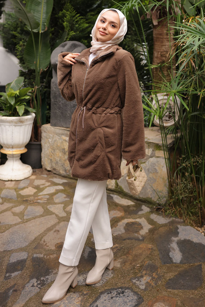 İmajButik Brown Drawstring Flato Plush Coat with Pockets and Zipper