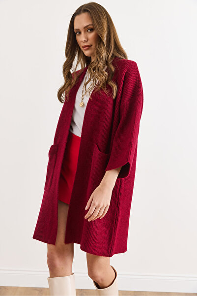 Olalook Women's Burgundy Soft Textured Pocketed Knit Cardigan Hrk-19000424