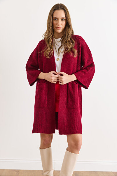 Olalook Women's Burgundy Soft Textured Pocketed Knit Cardigan Hrk-19000424