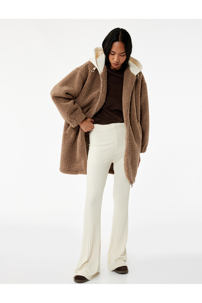 Koton Long Sleeve Zippered Hooded Oversized Plush Coat