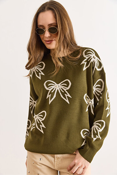 Olalook Women's Khaki Bow Detailed Oversized Knitwear Sweater Kzk-19000971