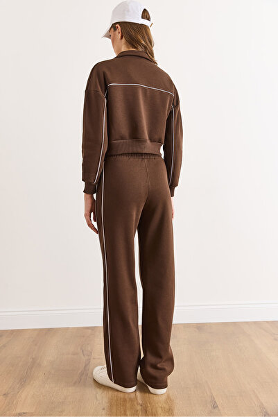 Olalook Γυναικεία Καφέ διακοσμητικό ρέλι επένδυση fleece Σετ Φόρμας ETKM-0000091