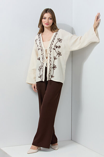 Fulla Moda Embroidered Front Lace-Up Linen Look Kimono