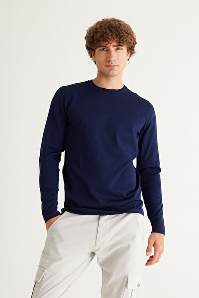 ALTINYILDIZ CLASSICS Πλεκτό πουλόβερ με λαιμόκοψη σε μπλε ναυτικό χρώμα, κανονική εφαρμογή και κανονική εφαρμογή