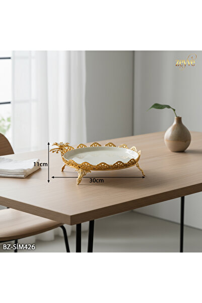 Hinora Flower Model Gold Color Porcelain Plate Stand with Stand 30X26X11Cm Large Size