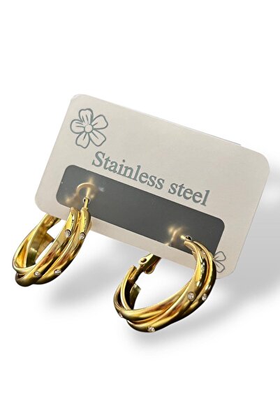 Vitastyle 316L Steel Earrings with Gold Color Stone Detail and Spiral Ring Look