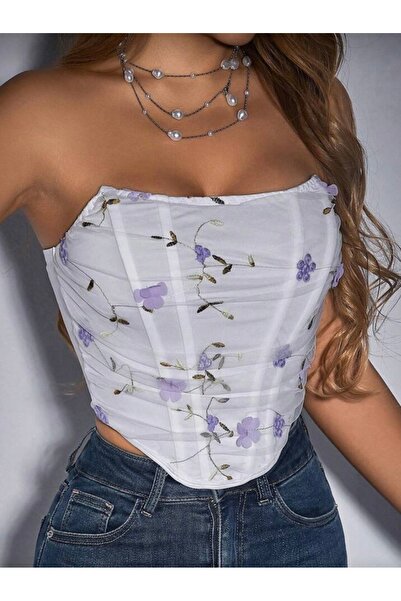 Tual Beyaz Üstü Mor Çiçekli Büstiyer Crop Top Korse
