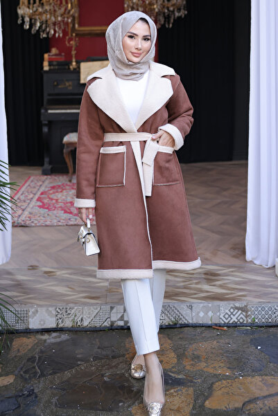 İmajButik Taba διπλό πέτο Παλτό από σουέτ με γούνα στο εσωτερικό του γιακά