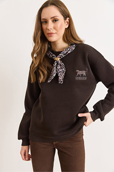 Olalook Γυναικείο φούτερ με λεπτομέρεια σε καφέ χρώμα επένδυση fleece φούτερ SWT-19000762