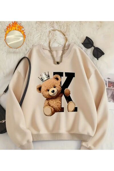 herkesemoda King Teddy Bear Print Pattern Detailed Crew Neck Sweatshirt
