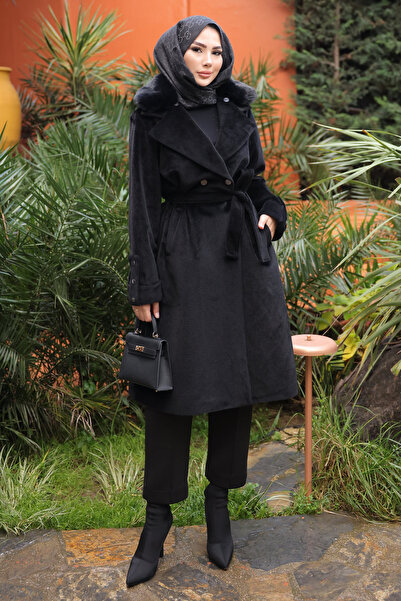 İmajButik Black Collar Fur Angora Coat