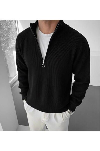 neonstore Men's Mock Neck Zippered Slim Fit Knitwear Sweater