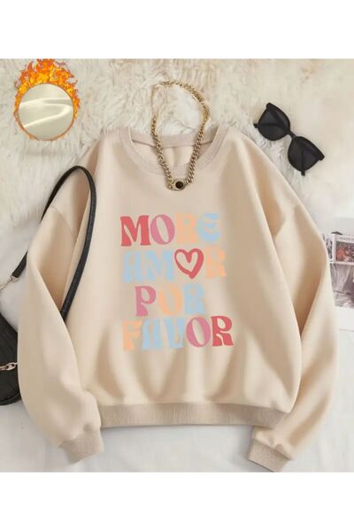 herkesemoda More Amor Print Pattern Detailed Crew Neck Sweatshirt