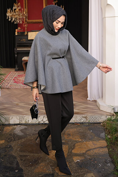 İmajButik Anthracite Belted Stamp Poncho