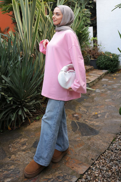 İmajButik Ροζ Φούτερ με λαιμόκοψη oversized από χτενισμένο βαμβάκι