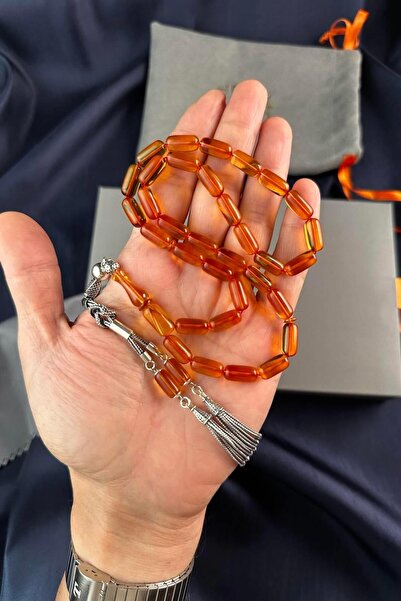 dergah tesbih Harmony Series Silver Design Orange Fire-I Crimped Amber Prayer Beads