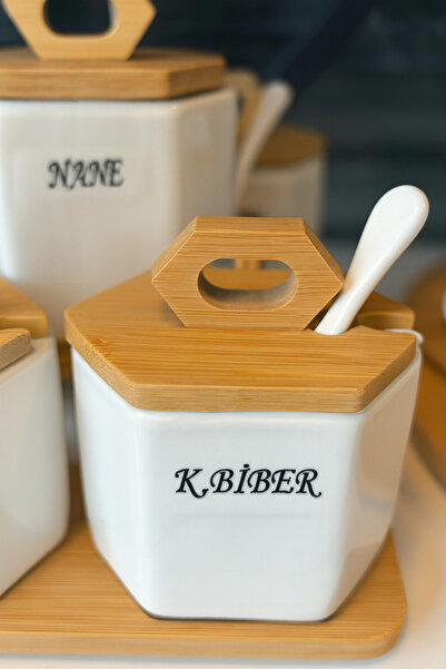 CEZVE HOME 5-Piece Spice Set with Bamboo Stand and Porcelain Spoons