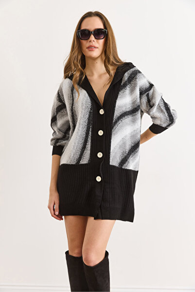 Olalook Women's Black Hooded Beard Detailed Long Buttoned Cardigan Hrk-19000448