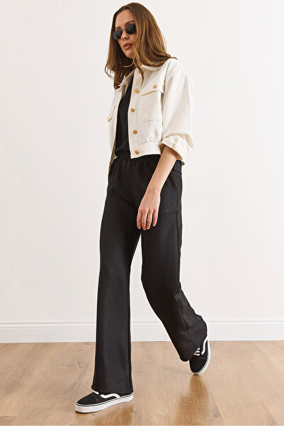 Olalook Women's Black Waistband Pocketed Wool Effect Wide Leg Winter Trousers Pnt-19000383