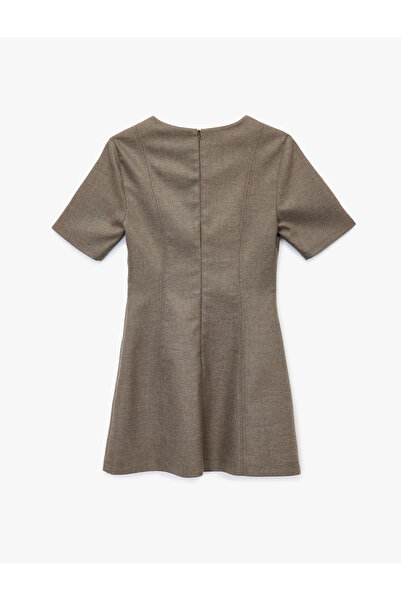 Koton Crew Neck Short Sleeve Viscose Blend Mini Dress with Stitching Detail