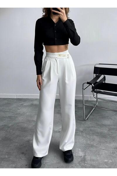 HA-KA GİYİM Women's Imported Doubleface Palazzo Pants with Belt Detail, Pleated, High-Quality Product, Does Not Fade