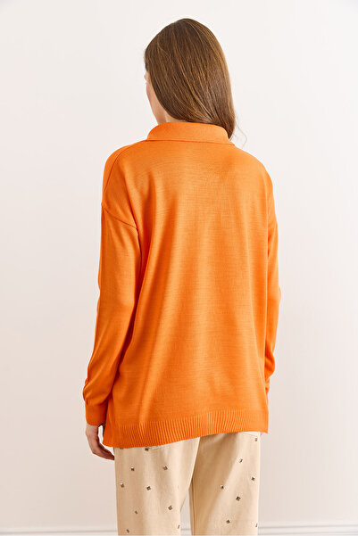 Olalook Women's Orange Polo Neck Basic Knit Sweater Kzk-19000871