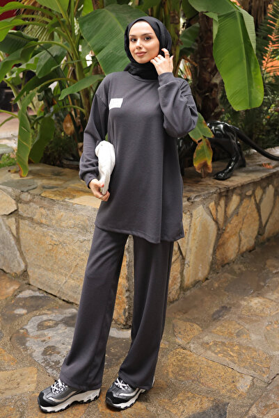 İmajButik Anthracite Embroidered Tunic Trouser Set