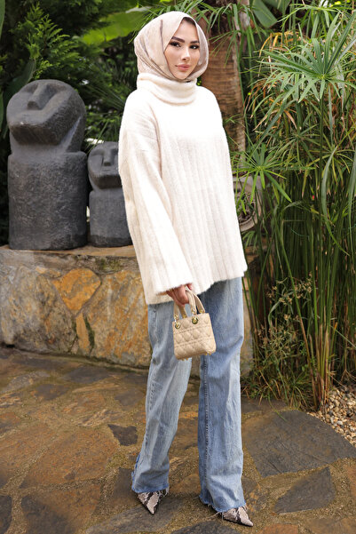 İmajButik Πουλόβερ με ζιβάγκο σε κρεμ χρώμα, χαλαρό πλεκτό πουλόβερ από ανγκόρα