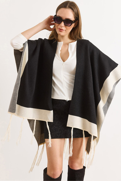 Olalook Women's Black Color Block Poncho Cardigan Hrk-19000423