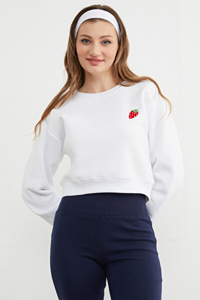 Fulla Moda 3 Thread Strawberry Embroidered Crop Sweatshirt