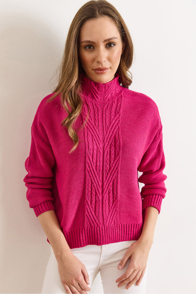 Olalook Women's Fuchsia Mock Neck Mid-Hair Braided Knitwear Sweater Kzk-19000912