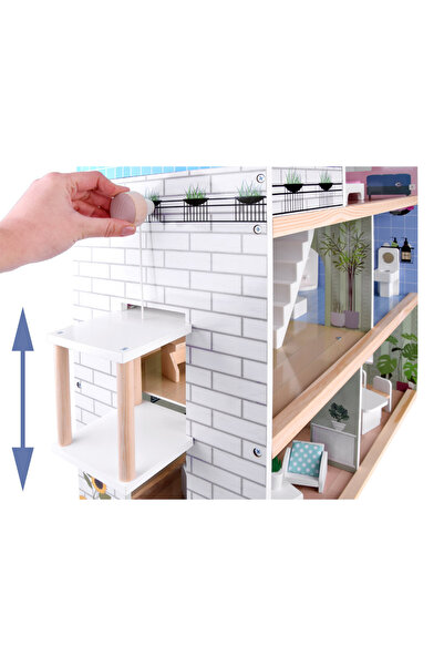 Jokomisiada Children's dollhouse made of wood, with 3 floors and 5 spacious, fully equipped rooms